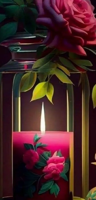 Elegant candle surrounded by flowers in a rich crimson tone.