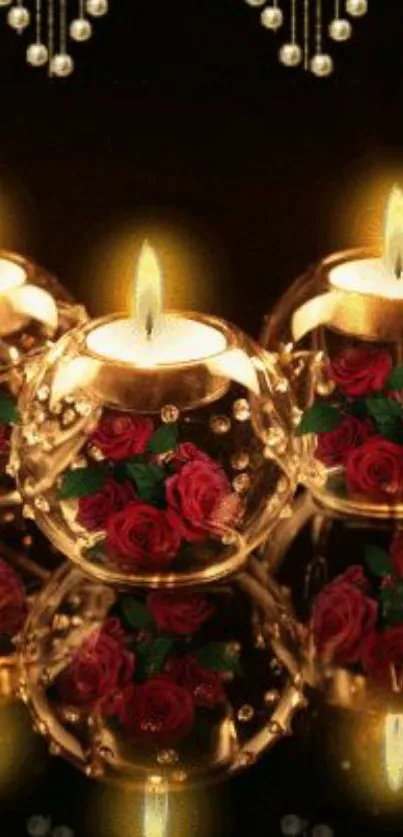 Three elegant candles with roses in a luxurious setting.