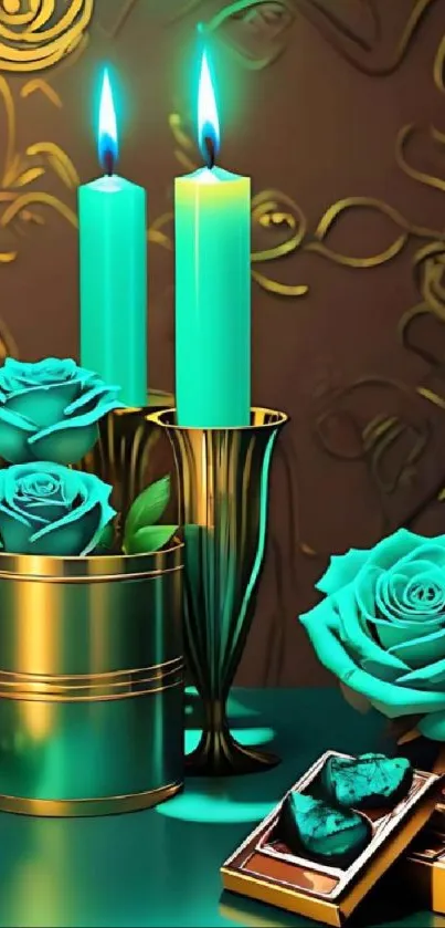 Teal candles and roses with elegant decor in a luxurious setting.