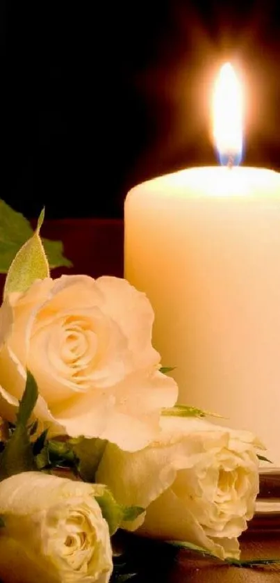 Elegant candle with white roses in a serene setting.