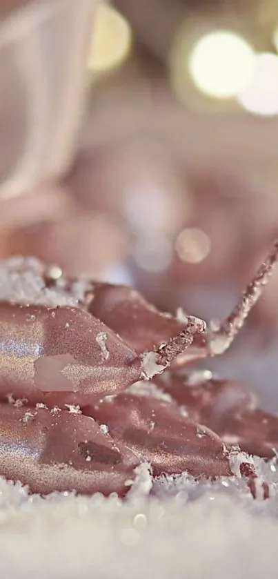 Elegant rose gold candles with soft snow background.