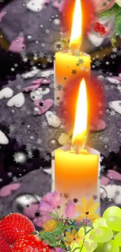 Glowing candles with flowers and fruit decoration wallpaper.