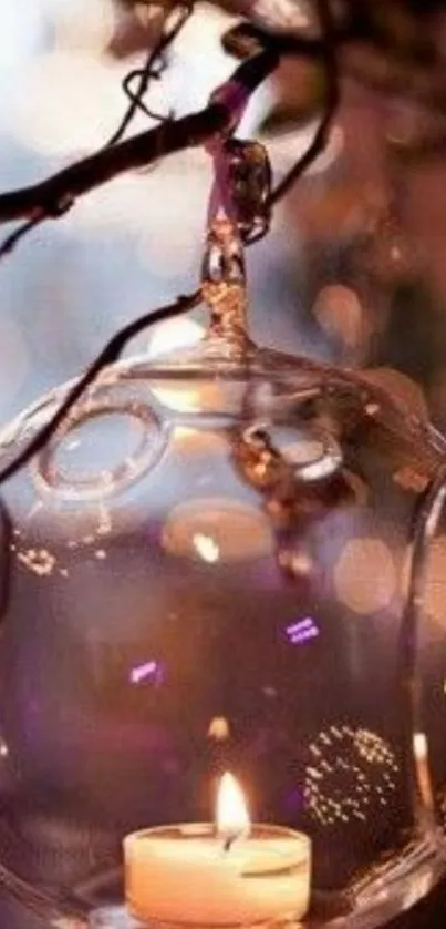 Hanging glass orb with candle light glowing softly inside.