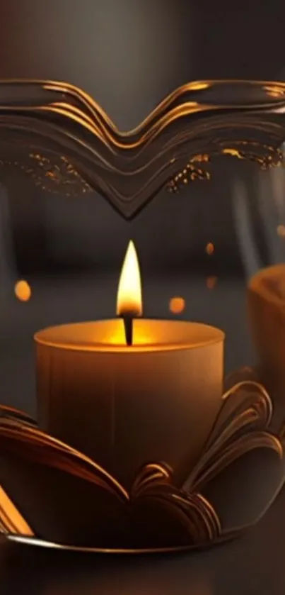 Candle glowing inside heart-shaped glass, creating warm ambiance.