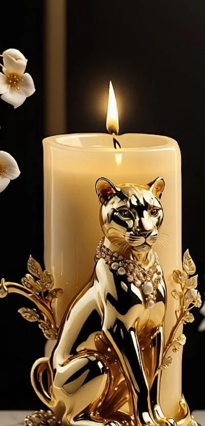 Elegant mobile wallpaper with a golden feline candle design.