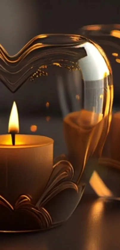 Heart-shaped candle holder with golden glow.