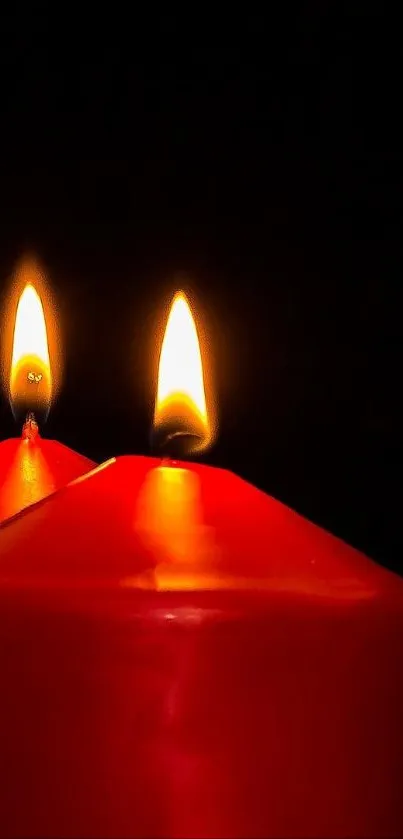Vibrant red candles glowing against a dark background.
