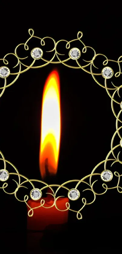 Mobile wallpaper with candlelight encircled by a golden decorative frame.