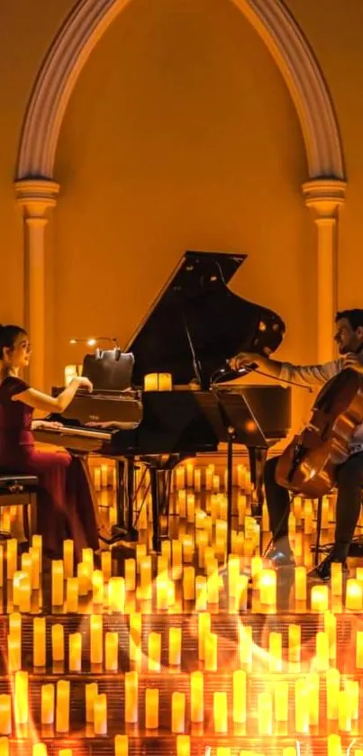 Candlelit concert with piano and cello duo in a warm, elegant setting.