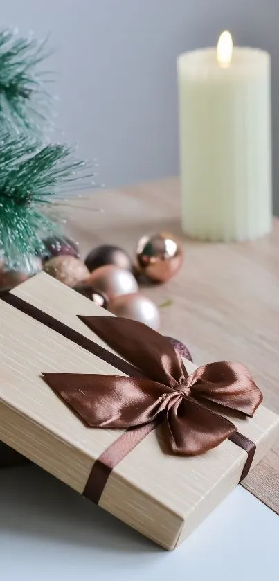 Gift box with brown ribbon beside candle on table.