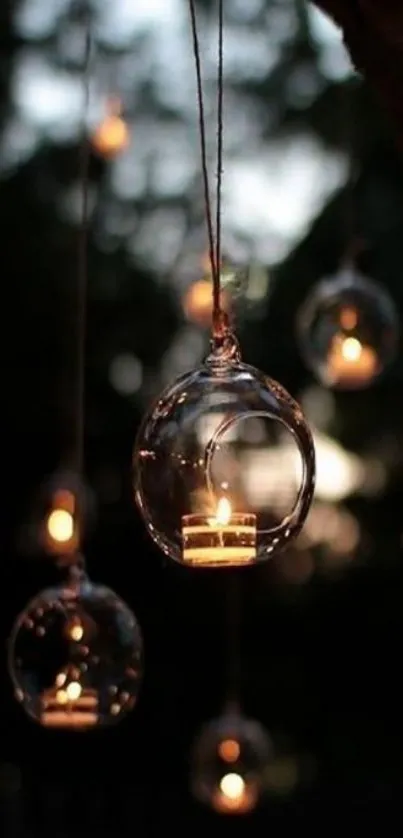 Candlelit glass orbs hanging in a dark setting.