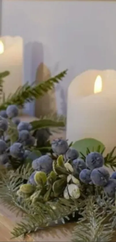 Candlelit eucalyptus garland on mantel with soft lighting.