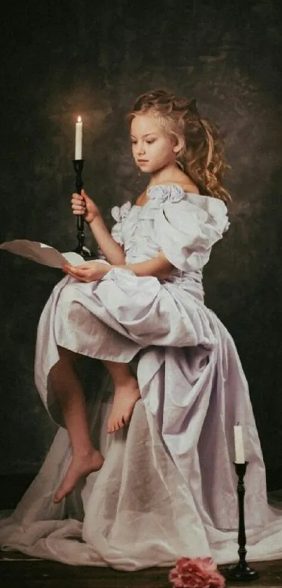 Young girl in vintage dress holding a candle, set in a dark, elegant scene.