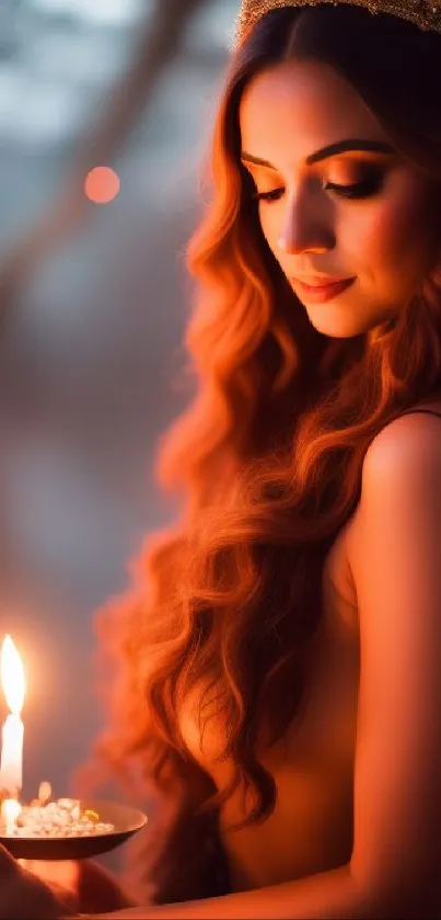 Elegant woman holding candle in serene, warm light setting.