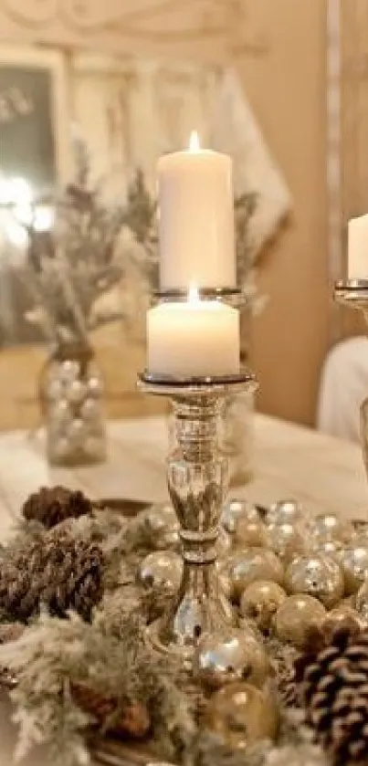 Elegant tabletop decor with candles, pinecones, and silver ornaments.