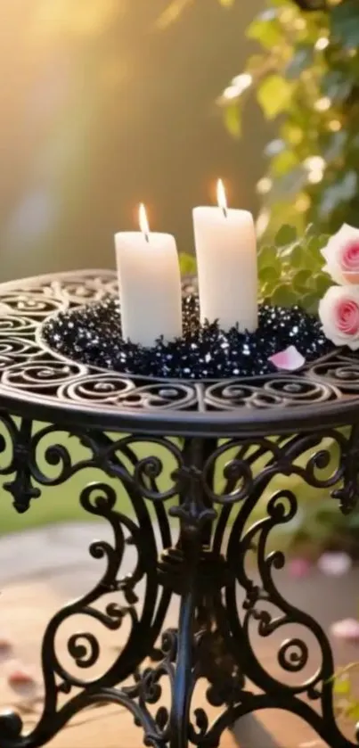 Ornate table with candles and roses.