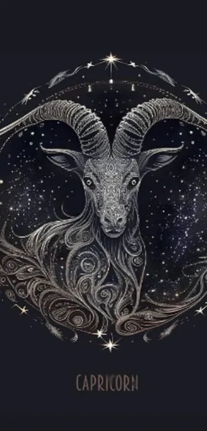 Intricate Capricorn zodiac art with celestial and starry details on dark background.