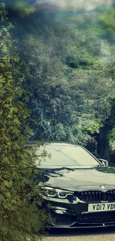 A sleek black car parked amidst lush green trees and foliage.