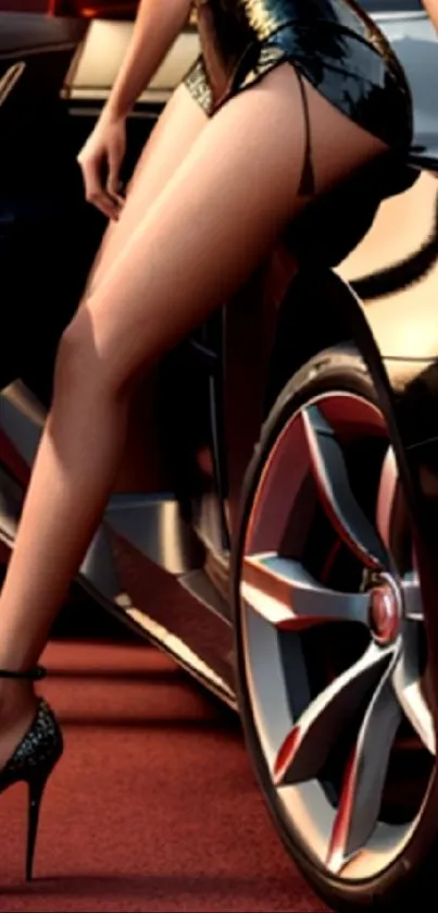 Elegant fashion figure leaning on a sleek car, high heels, rich black tones.