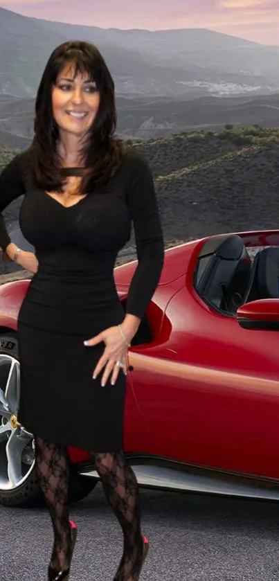 Model posing by red sports car on scenic road.