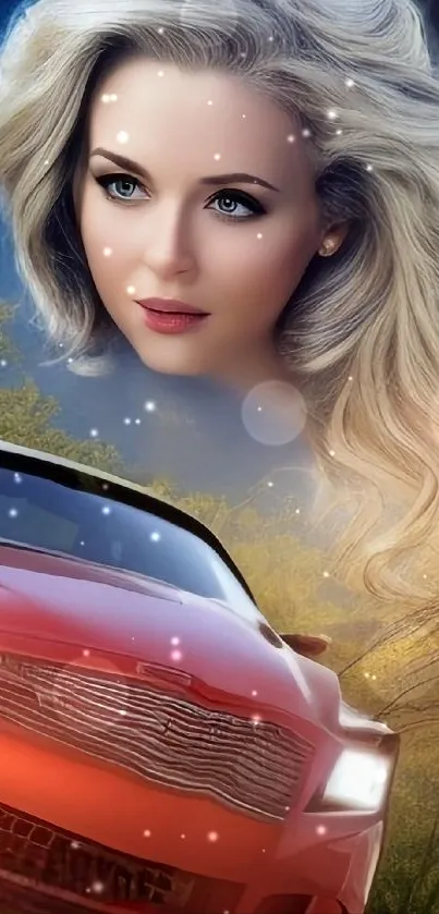 Wallpaper with a red car and a woman's face blending into the sky.