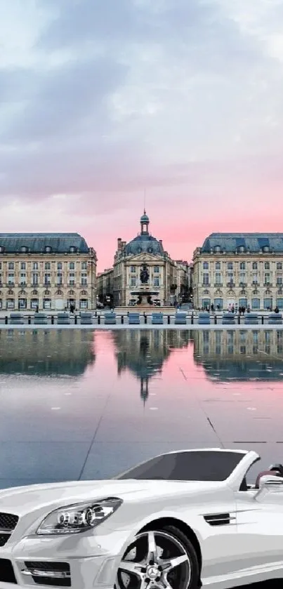 Luxury car parked by a scenic European palace at dusk with tranquil reflections.