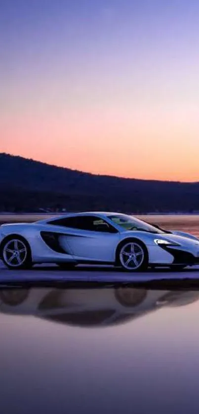 Sleek sports car by a tranquil twilight lake, showcasing stunning reflections.