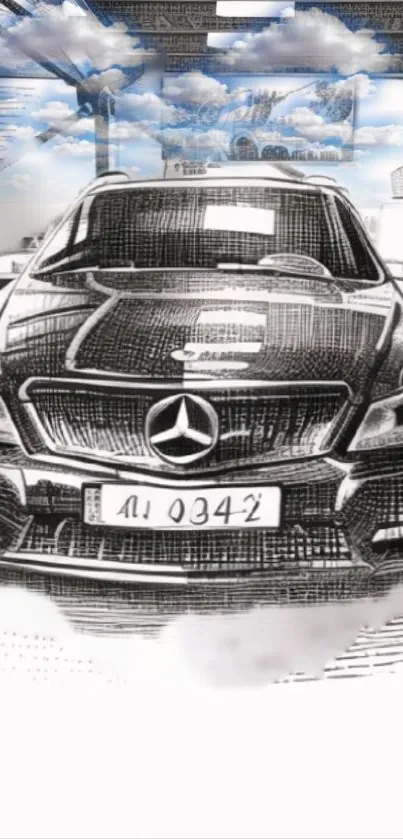 Stylish monochrome Mercedes car sketch wallpaper for mobile screens.