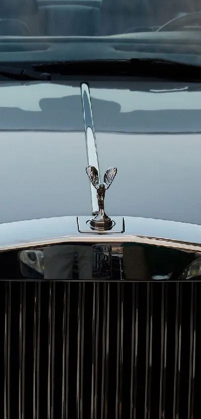 Elegant silver car front view with chrome grille and emblem.