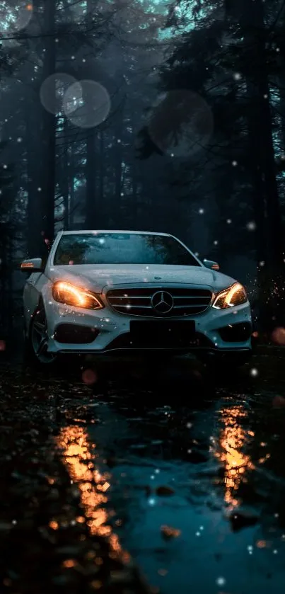 Elegant car illuminated in a dark forest with shimmering reflections at night.