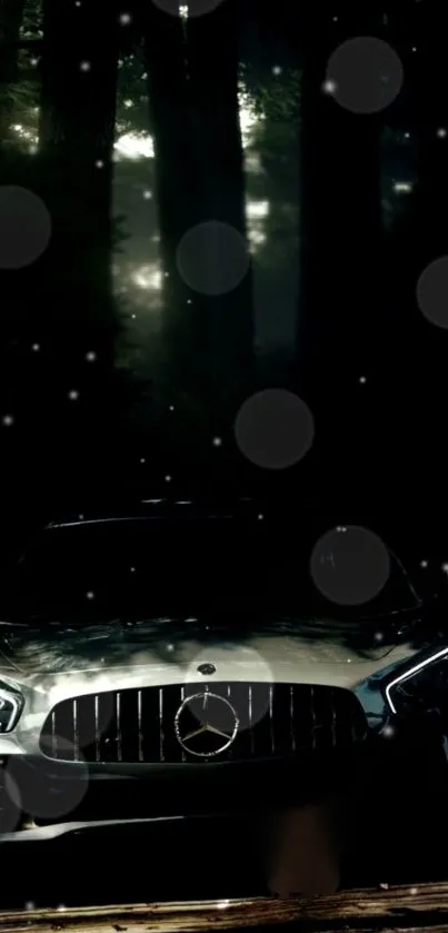 Luxury car in dark forest with mystical night ambiance.