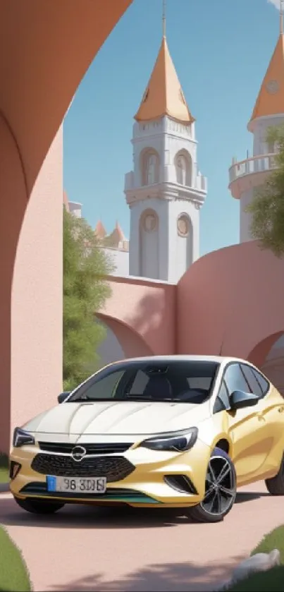 Sleek yellow car in front of castle towers under a clear blue sky.