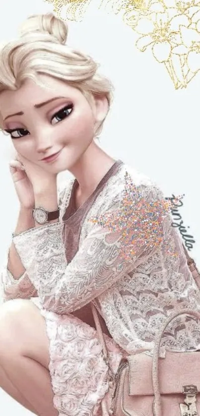 Cartoon character in elegant lace outfit with floral accents.