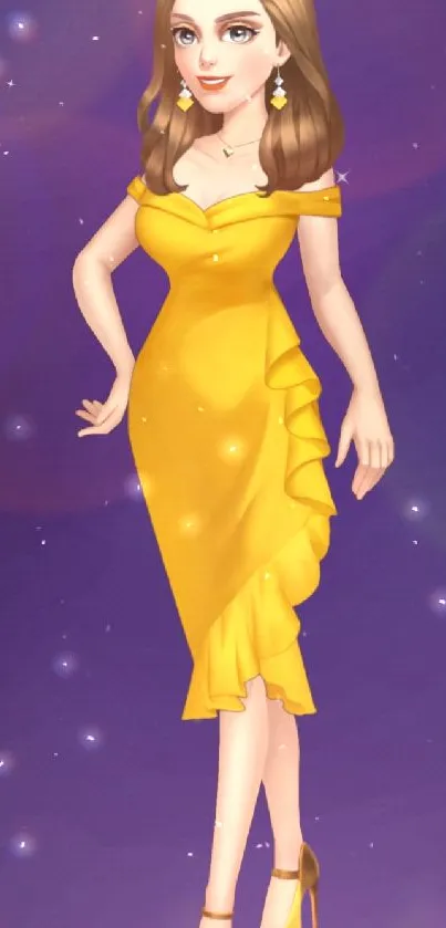 Cartoon character in yellow dress on vibrant stage wallpaper.