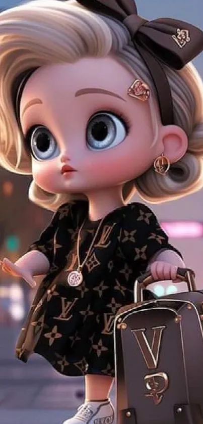 Elegant cartoon doll with chic fashion and suitcase.