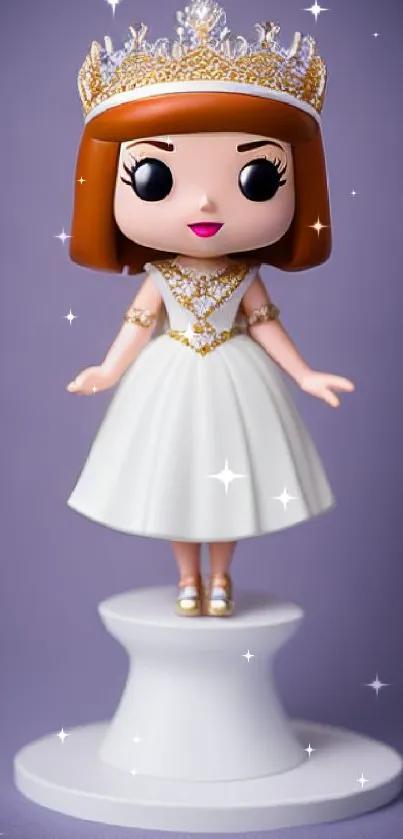 Cartoon princess in white dress with golden crown on purple background.