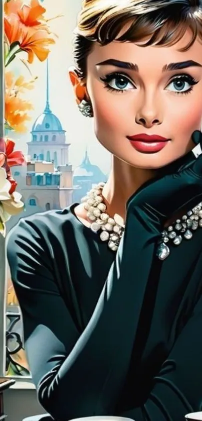 Cartoon woman in elegant fashion with vibrant background