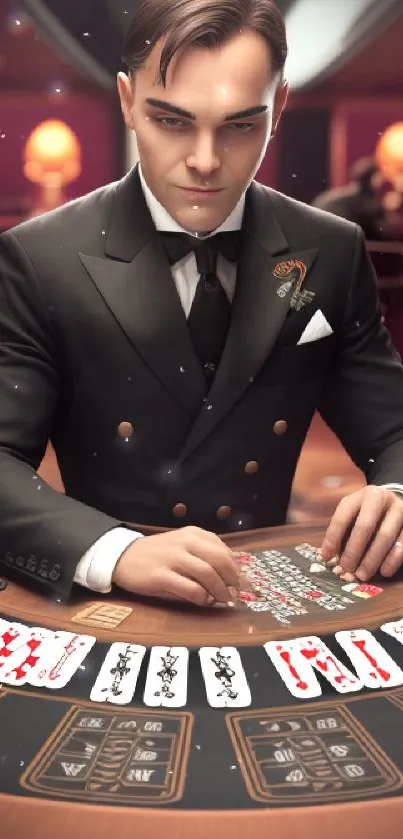 Elegant casino scene with poker player and cards on table.