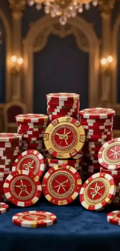 Lavish setting with stacked red casino chips.