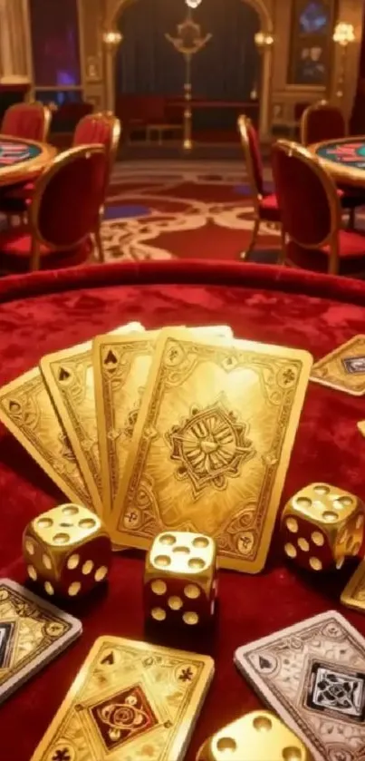 Golden playing cards and dice on a casino table.