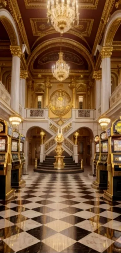 Luxurious casino interior with gold, marble, and chandeliers.