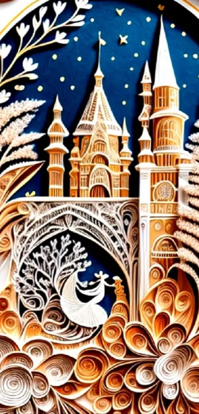 Intricate castle art wallpaper with golden tones and detailed design.