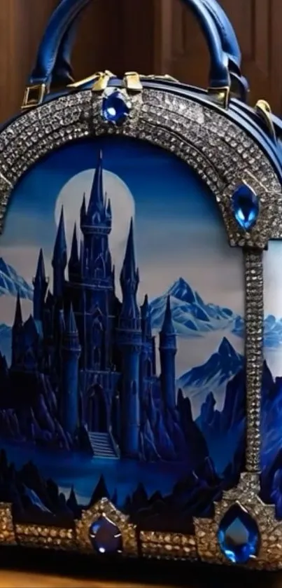 Elegant castle backpack with jewels and a blue theme.