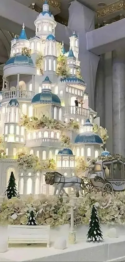 Intricate castle-themed cake display with white and blue details.