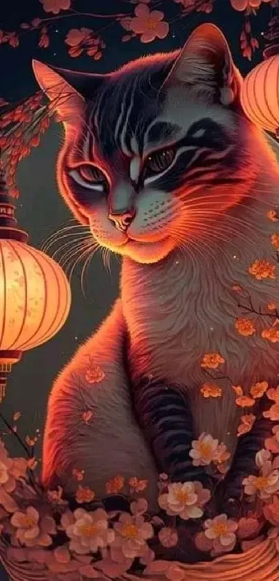 A majestic cat with glowing lanterns and cherry blossoms in artistic design.