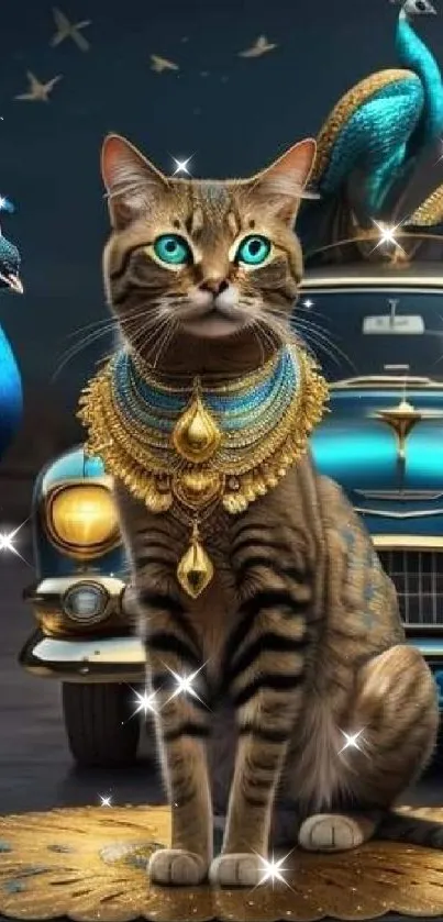 Elegant cat and peacocks with vintage car wallpaper.