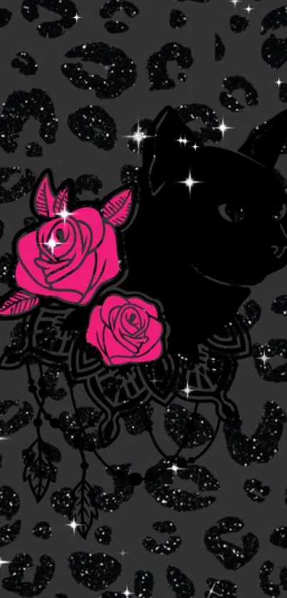 Black cat silhouette with pink roses on a glittery dark background.