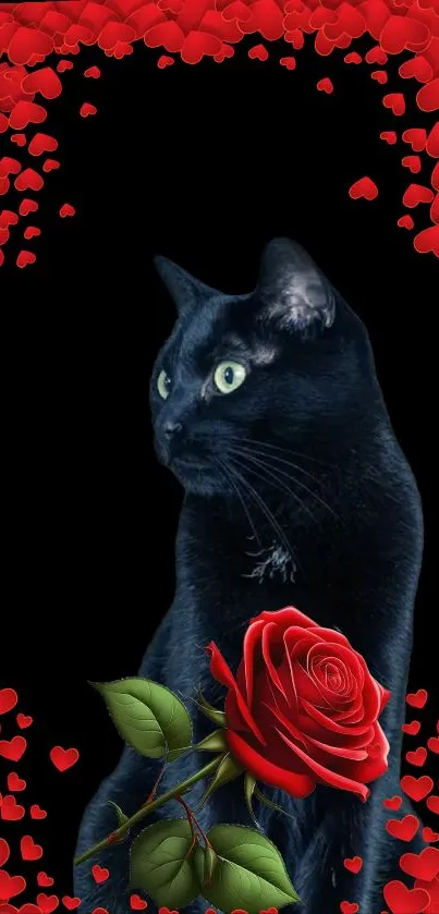 Black cat surrounded by red roses and heart petals on a mobile wallpaper background.