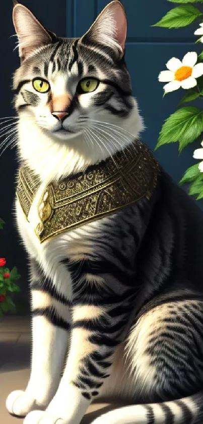 Elegant cat with collar in a floral setting, perfect for mobile wallpaper.