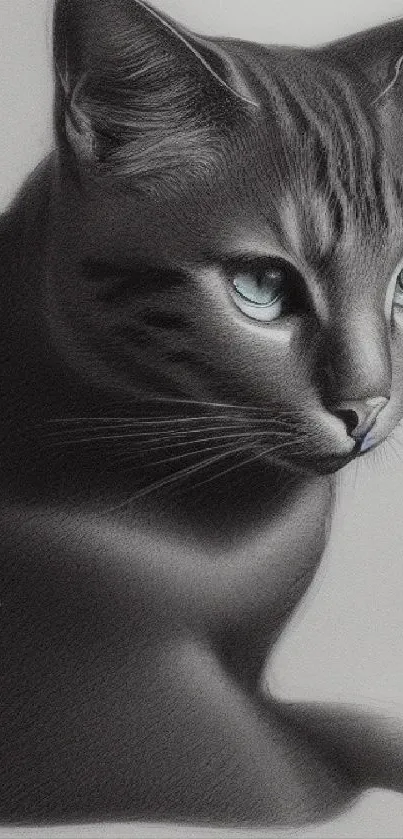 Detailed gray cat art wallpaper with blue eyes, ideal for mobiles.